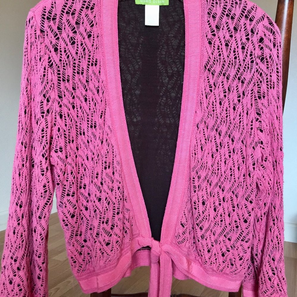 SIGRID OLSEN – Lacey Knit Salmon Pink Rayon Tie Sweater - Sz L
